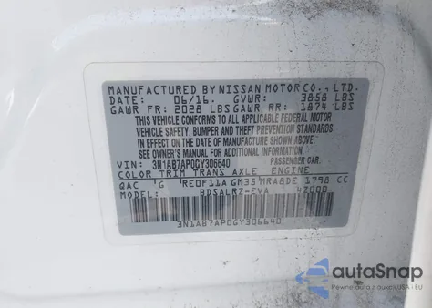 2016 Nissan Sentra Sr from USA, damaged, VIN 3N1AB7AP0GY306640
